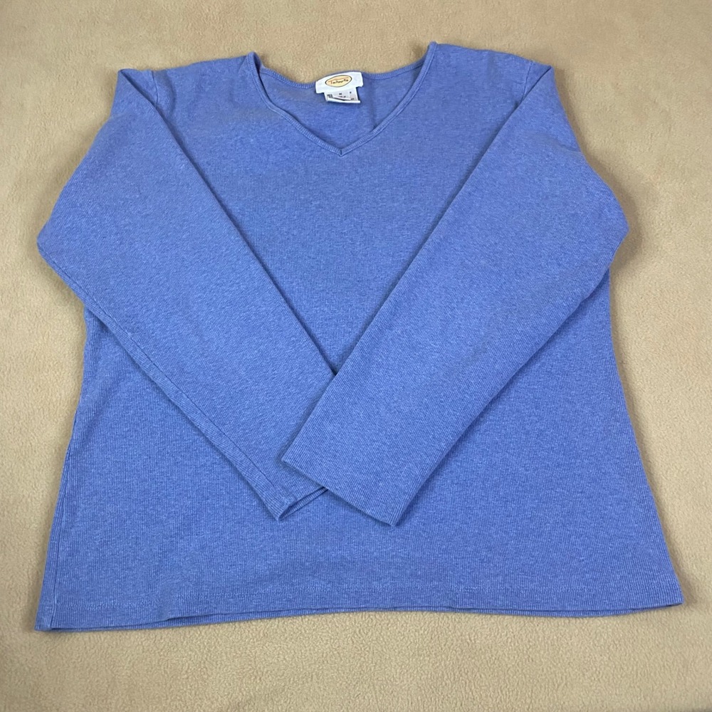 Talbots Ribbed V-Neck Top Womens Medium Blue Long Sleeve Cotton Stretch EUC